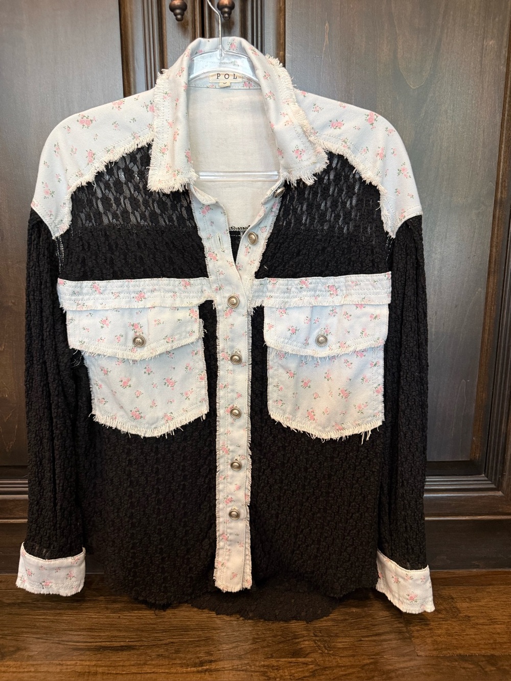 POL Black Textured Button-Down with Light Blue Floral Trim